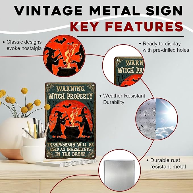 Witch Property Warning Vintage Sign Halloween Witch Metal Tin Sign for Home Bar Kitchen Hotel Dining Room Coffee 8x12inch