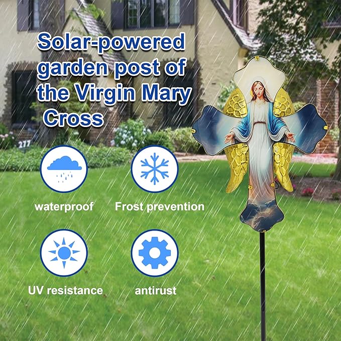 Solar Virgin Mary Cross Garden Lamp for Grave - Angel Wing Memorial Decoration, Waterproof Solar Stake Lamp for Easter, Courtyard, Yard - Sympathetic Gift for Loved Ones. Elegant Cross