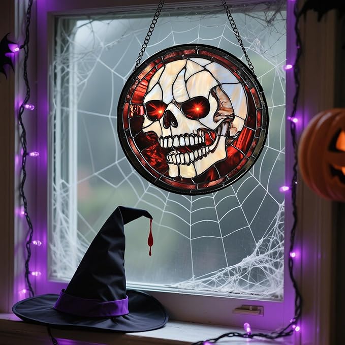 Stained Glass Window Hanging - Halloween Decorations White Skeleton Suncatcher for Doors Garden Indoor Spooky Funny Red Sun Catchers Gothic Decor Horror Gifts for Women Men Friend 15 in
