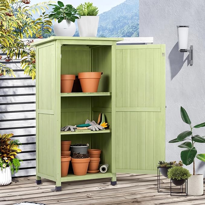 Wooden Outdoor Storage Cabinet, Vertical Garden Tool Shed with Waterproof Metal Roof & 2 Adjustable Shelves Ideal for Yard, Patio, Deck and Porch (Green, 20" x 24" x 48")