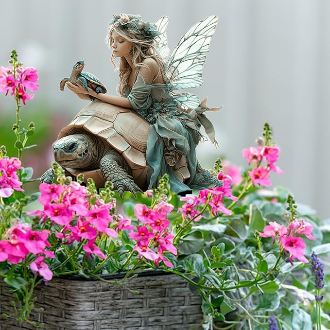 Fairy Garden Stake Decor, 2D Flat Acrylic Fairy Garden Decor Panel, Elf Yard Sign for Outdoor Indoor Yard Lawn Plants Pots, Fairy Garden Accessories (Fairy and Turtle)