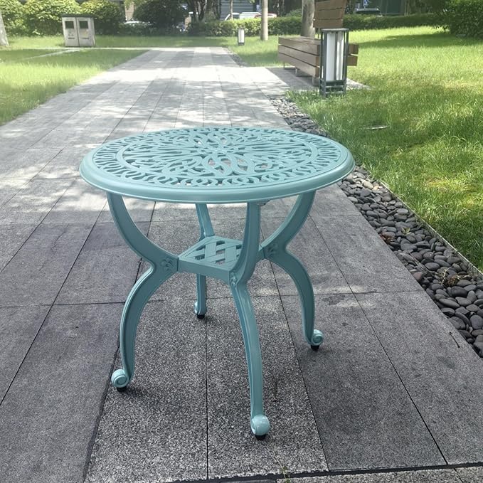 KAILI Outdoor Cast Aluminum Side Table Patio Side Table Backyard, Pool, Indoor, Easy Maintenance and Weather Resistant Coffee Table Porch Table Bistro Table (18.5round-Light Blue)