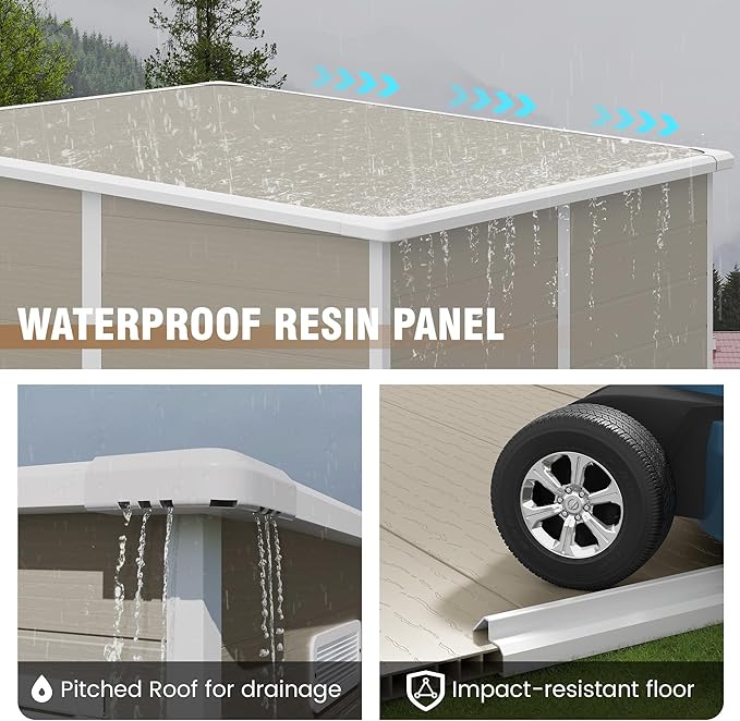 Outdoor Storage Shed, 6x6 FT Resin Shed with Floor and Lockable Door, Window, Vents, Tool Sheds and Outdoor Storage for Bike, Garden Accessories, Tools, Waterproof Light Brown