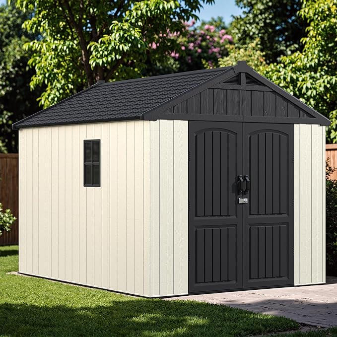 Devoko 8 x 10 FT Plastic Outdoor Storage Shed with Floor, Garden Resin Shed Tool Shed with DIY Window and Lockable Door, Beige Kick-it Shed for Patio, Backyard, Lawn