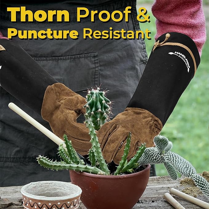 HANDLANDY Long Gardening Gloves for Men & Women, Cowhide Leather Rose Pruning Gloves, Breathable Thorn Proof Gauntlet Glove (Brown-Cowhide, M)