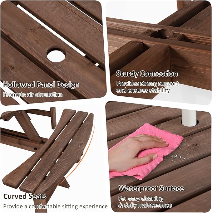 Tangkula 8 Person Wood Picnic Table, Outdoor Round Picnic Table with 4 Built-in Benches, Umbrella Hole, Outside Table and Bench Set for Garden, Backyard, Porch, Patio, 500lbs Capacity Per Bench