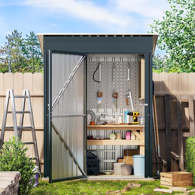 5X3X6.1FT Outdoor Steel Storage Shed with Frame Floor and Lockable Doors, Ideal for Garden, Backyard, Patio Storage