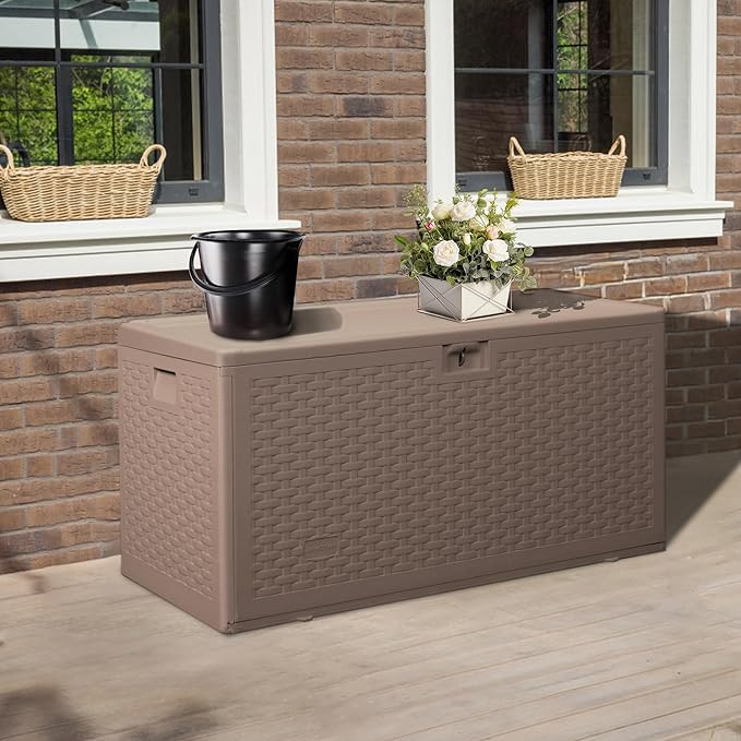73GAL Brown Blow - Molded Outdoor Deck Box with Lock Hole - Waterproof, SGS - Protected from UV, Spacious for Garden Equipment and Pool Toys Storage, Easy to Assemble
