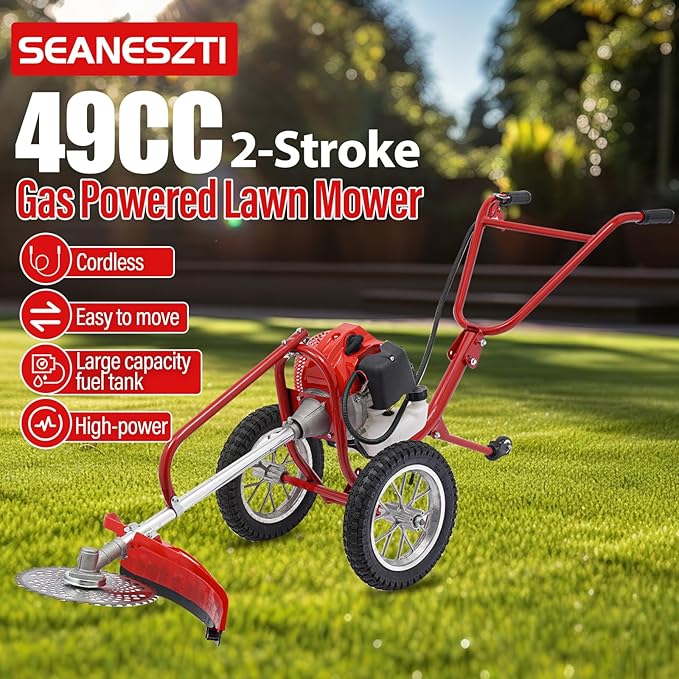 49CC 2-Stroke Gas Powered Lawn Mower, Hand Push Lawn Mower Trimmer, Brush Mower Gasoline Brush Broom Sweeping Machine, Gas Brush Cutter String Trimmer for Yard