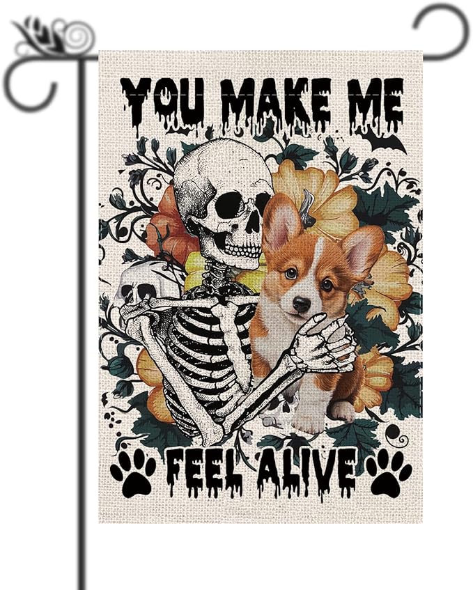 Halloween Garden Flag Skeleton and His Cogi Vertical Double Sided Flags for Holiday Farmhouse Patio Yard Outdoor Party Decor Decorations Gifts - 12.5 x 18 Inch