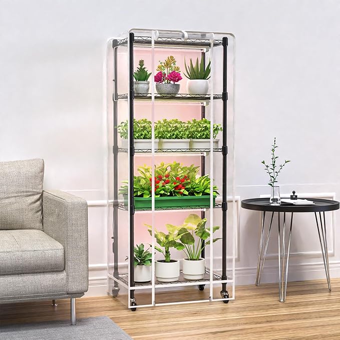 Indoor Greenhouse with Grow Lights, 5 Tier 23.2" L×13.4" W×61.4" H Mini Greenhouse, Grow Light Shelf with Tent and Thermometer, with 72W Full Spectrum Growing Lamps for Seed Starting