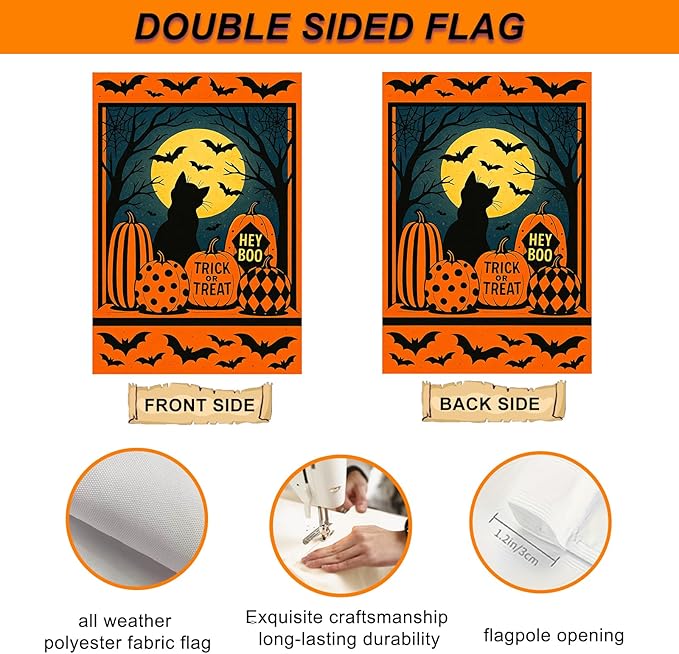 IVN Spooky Halloween Garden Flag 12x18 Inch Double Sided Black Cat Witch Pumpkin Jack O’ Lantern Trick or Treat Outdoor Fall Yard Flag for Outside Home Front Door Lawn Porch Patio Welcome Decor