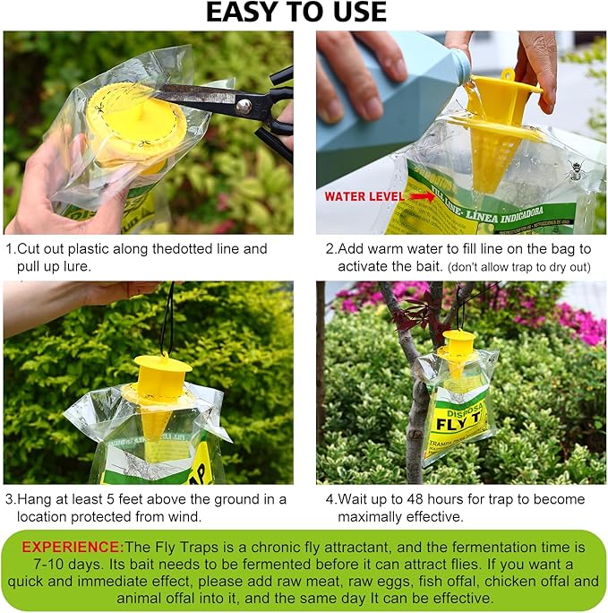 8 Pack Outdoor Hanging Fly Traps, Disposable Flies Killer Trap Bag Catcher with Natural Attractant Bait Bug Catcher and Flying Insect Trap for Outdoor Family Farm Park Orchard Garden