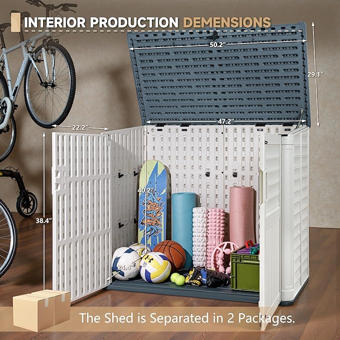 Devoko Resin Outdoor Storage Shed, 34 Cu Ft Outdoor Storage Cabinet Without Shelf, Waterproof, Double Locks, Resin Storage for Trash Can, Garden Tools, Pool Supplies (Beige)