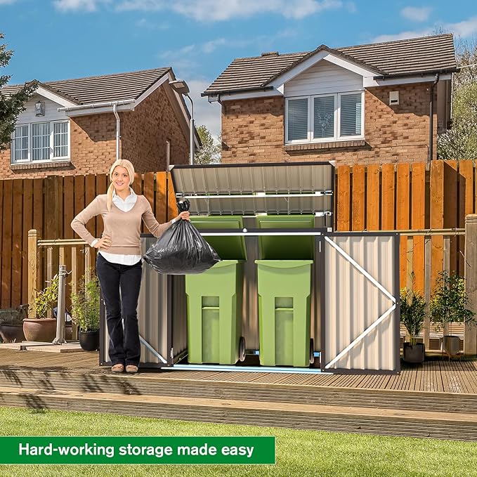 AECOJOY Outdoor Trash Can Storage Shed, 46 Cu.Ft Outside Garbage Can Storage Shed, Dark Grey Outdoor Horizontal Storage Cabinet Waterproof, Bike Sheds & Outdoor Storage Clearance