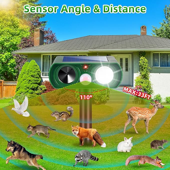 2 Pack Solar Ultrasonic Animal Repellent Raccoon Fortress Pro Outdoor, Deer Repellent with Motion Sensor & Strobe Light,Waterproof Cat Dog Squirrel Rabbit Deterrent for Garden Yard