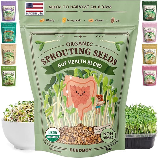 Seedboy Organic Sprouting Seeds - Gut Health Blend - Non-GMO, USA Grown Microgreens Mix - Clover, Alfalfa, Fenugreek, Dill - Makes 8 Quarts of Sprouts, 24 Servings (8 oz) (Gut Health Blend)