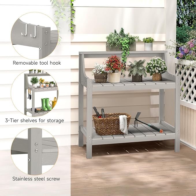 Potting Bench Table, HDPS Potting Bench with 4 Side Hooks, All-Weather Garden Table Work Station, Outdoor Potting Table for Porch, No Rust, No Fade, No Break, 360lbs Capacity (Grey, Large)