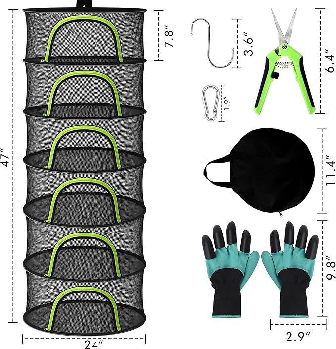 Herb Drying Rack Hanging Mesh 6 Layer 24" with Zipper, Gloves, Garden Pruning Shear, Hook & Carabiner Clip for Drying Herbs, Plants, Seeds, Buds | Outdoor, Hydroponics Herb Dryer Hanging Rack