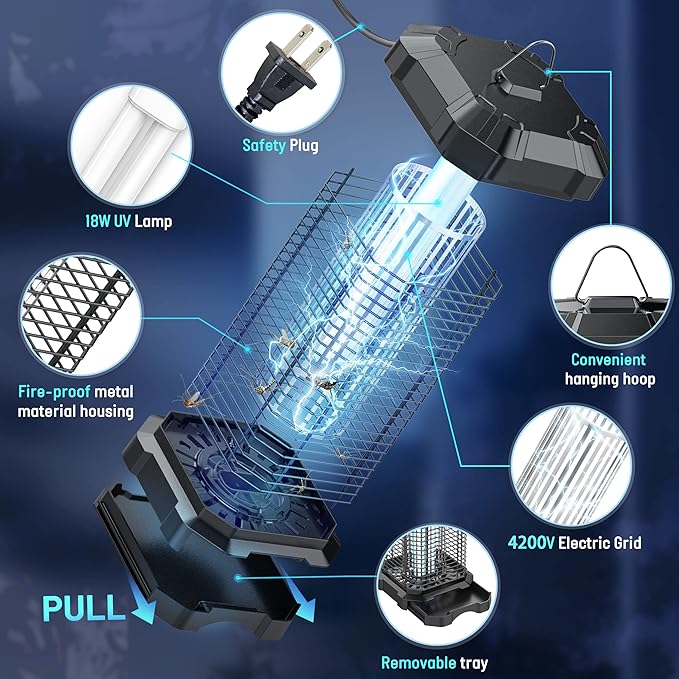 Bug Zapper Outdoor, 4200V Electric Mosquito Zapper Indoor, Insect Fly Zapper Waterproof with 5ft Power Cord, Mosquito Killer for Home, Patio, Kitchen, Backyard, Camping, Plug-in
