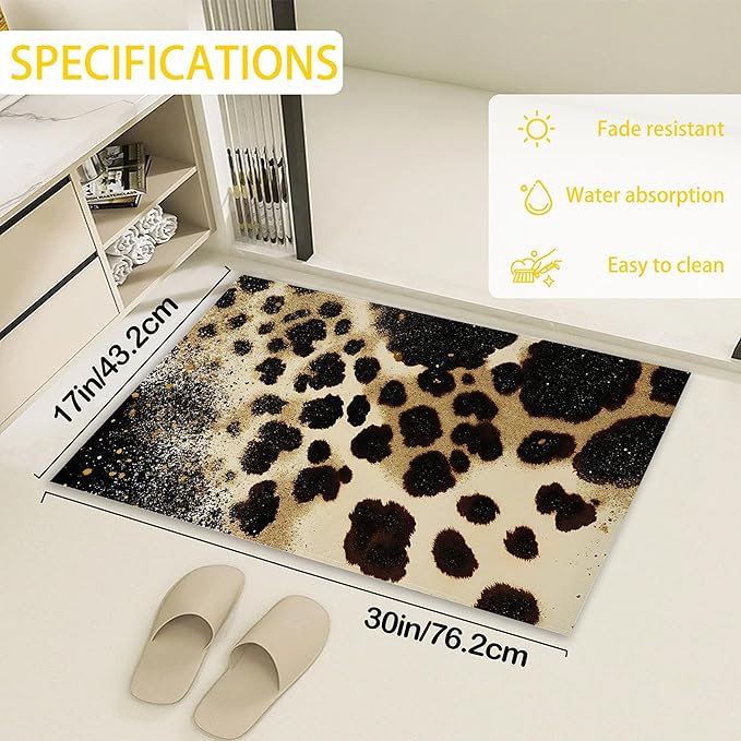 Front Door Mat,Brown Leopard Doormat Outside Entrance,Non-Slip Gold Glitter Entryway Rug for Porch Patio, Felt Low Profile Welcome Mat Indoor for Hallways, 30 x 17 Inch