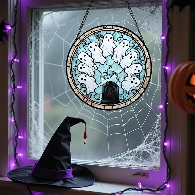 Stained Glass Window Hanging - Halloween Decorations Ghosts Tombstones Suncatcher for Doors Garden Indoor Spooky Funny Sun Catchers Gothic Decor Horror Gifts for Women Men Friend 11.8 in