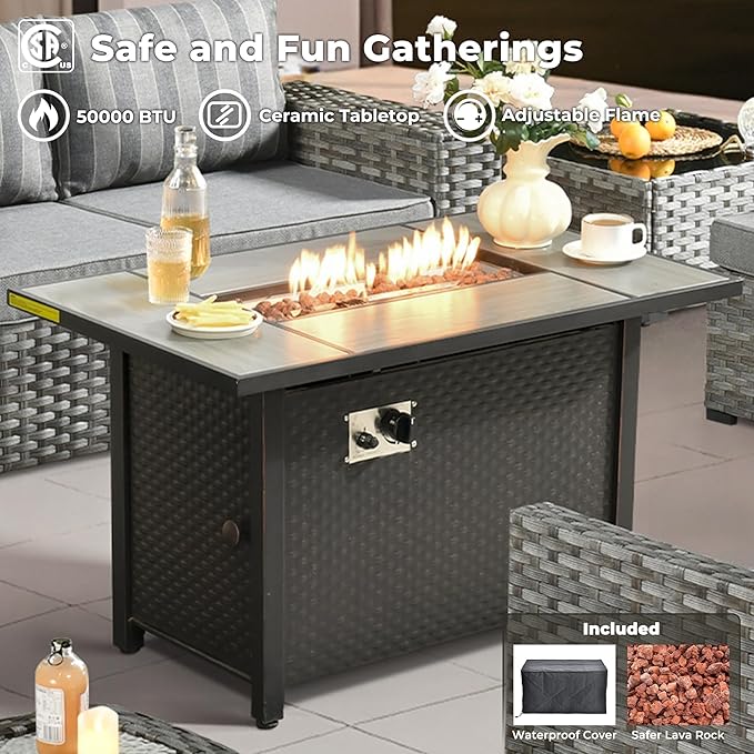 ovios 7 Pieces Patio Furniture Set, Outdoor Wicker Sectional Sofa with 42 Inch Fire Pit Table Comfy Cushions, Modern Modular Deep Seat Rattan Couch Conversation Set, Dark Gray Stripe