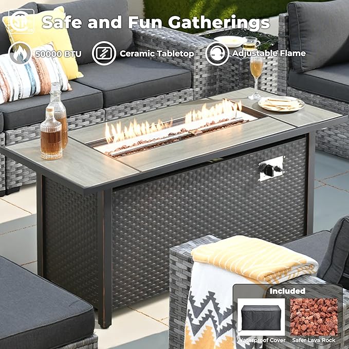 ovios 13 Pieces Patio Furniture Set, Outdoor Wicker Sectional Sofa with 54 Inch Fire Pit Table Comfy Cushions, Modern Modular Deep Seat Rattan Couch Conversation Set, Black