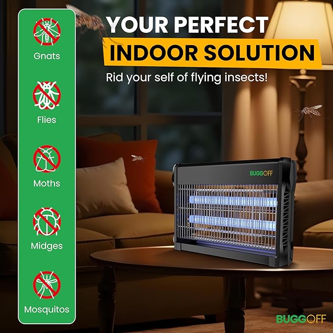 BUGGOFF Indoor Black Modern Electric Bug Zapper, 800 SQFT Coverage, 3500 Volts of Stunning Power, 20 Watts, Kills Mosquitos Gnats, Flys & More. 10 Year Warranty, X2 Free Repalcment Bulbs