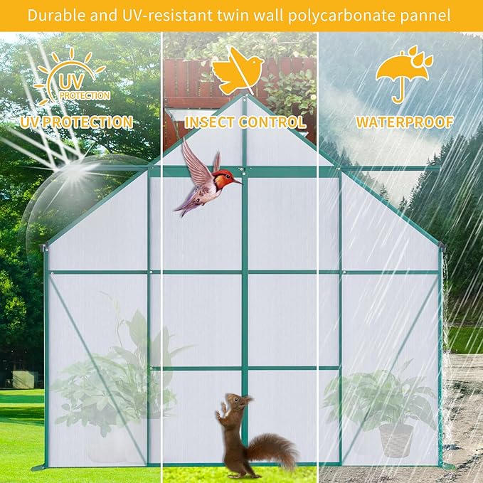 8×10 FT Greenhouses for Outdoors,Polycarbonate Greenhouse, Aluminum Heavy Duty Walk-in Garden Plants Green Houses, Raised Base and Double Sliding Door for Outside Backyard, Green