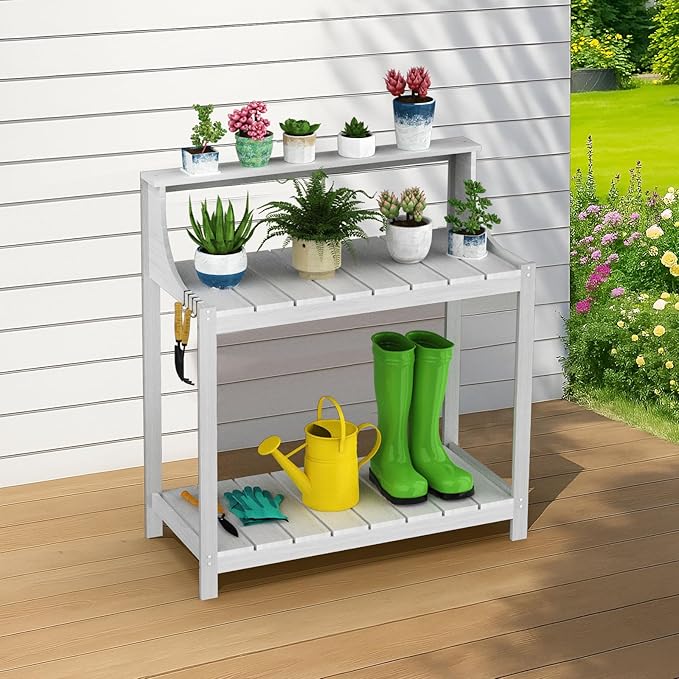 Premium Wood Potting Bench Table with Storage & Hooks - Durable All-Weather Garden Workstation for Patio, Deck & Yard - 360 lbs Capacity, Rust & Fade Resistant