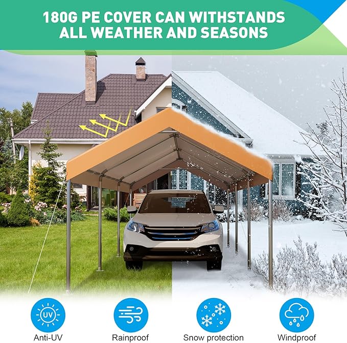 12x20FT Carport, Car Canopy, Portable Garage, Easy to Assemble, Carport Canopy 12x20FT Heavy Duty for Car, Bike, Boat, Party (Khaki)