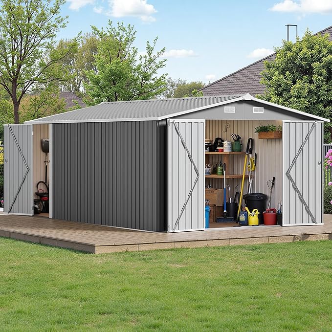 10×14 FT Outdoor Storage Shed, Dark Grey Workshop Shed with 3 Lockable Doors & 4 Vents for Backyard, Patio, Lawn, Garden Tool & Lawn Mower Storage - Ideal for Homeowners, Gardeners & DIYers
