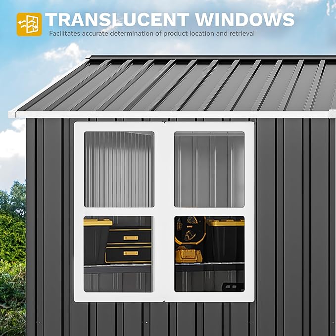 DWVO 10' x 10' Outdoor Storage Shed, Waterproof Metal Garden Shed with Windows, Lockable Doors, and Sloped Roof for Patio, Backyard, Lawn, Tool Storage, Bike Shed, Pet Shelter (Gray + White)
