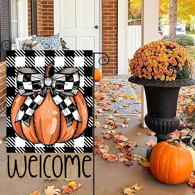 Fall Pumpkin Garden Flags 12x18 Vertical Double Sided, Welcome Fall Yard Flag for Outside, Autumn Thanksgiving Holiday Outdoor Seasonal Decorations for Home
