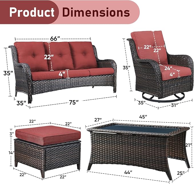 Wicker Outdoor Conversation Set-6 Pieces Outdoor Wicker High Back Couch with Swivel Rocker Chairs Patio Furniture for Deck Poolside Backyard-Brown/Red