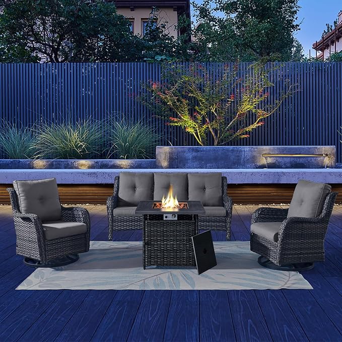 Patio Furniture 4 Piece, All-Weather PE Wicker Outdoor Furniture Set with CSA Certified 30in Propane Fire Pit Table,Outdoor Patio Furniture with Swivel Rocking Chairs
