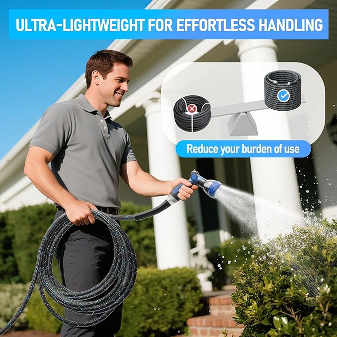 Garden Hose 50ft, 3-Layer Flexible Water Hose with 8 Pattern Spray Nozzle, Non-Expanding & Lightweight Stainless Steel Hose for Yard, Lawn, Outdoor-Leak Proof, No-kink & Tangle-free