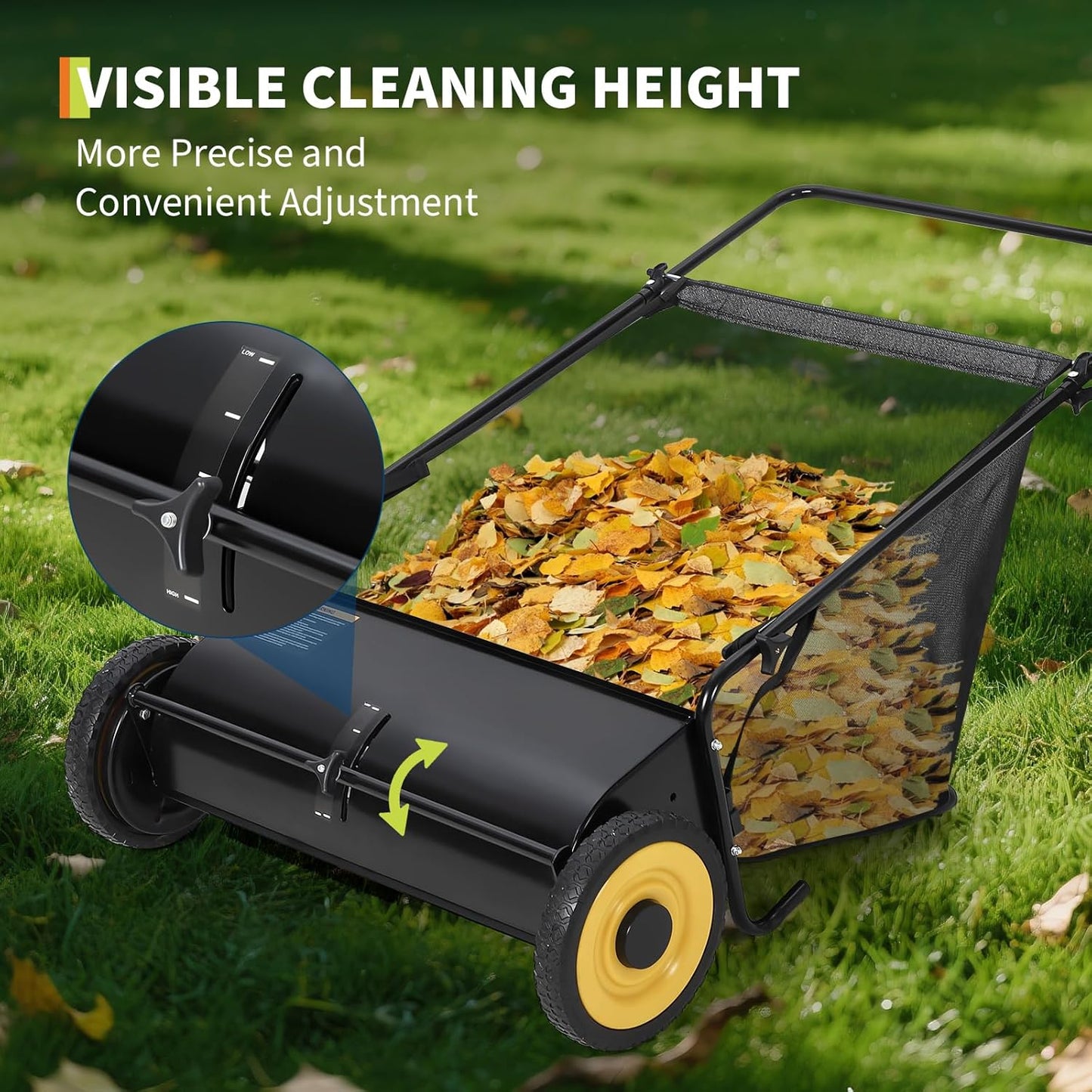 GAOMON 26-Inch Push Lawn Sweeper, Grass, Lawn and Leaf Cleanup Collector with Large 7 cu. ft. Hopper Bag, and Dual Spinning Brushes, Black