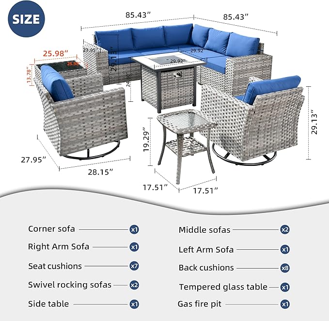 HOOOWOOO 10 Piece Modular Patio Outdoor Sectional Furniture Set with Gas Propane Fire Pit Table,Wicker Conversation Sofa Set with Swivel Chairs,Outside Couch Set(Navy Blue)