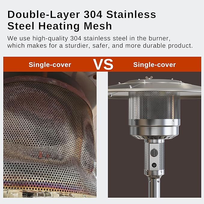 EAST OAK 50,000 BTU Patio Heater with Sand Box, Double-Layer Stainless Steel Burner, Table Design, Safety Protection System, Wheels, Propane Patio Heater for Home and Commercial, Stainless Steel