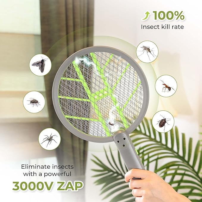 Aspectek 3000V Electric Fly Swatter for Indoor and Outdoor Use, Portable, Rechargeable Bug Zapper Racket with Improved Battery Life, USB Charging Cable, Wall Bracket, White -Green