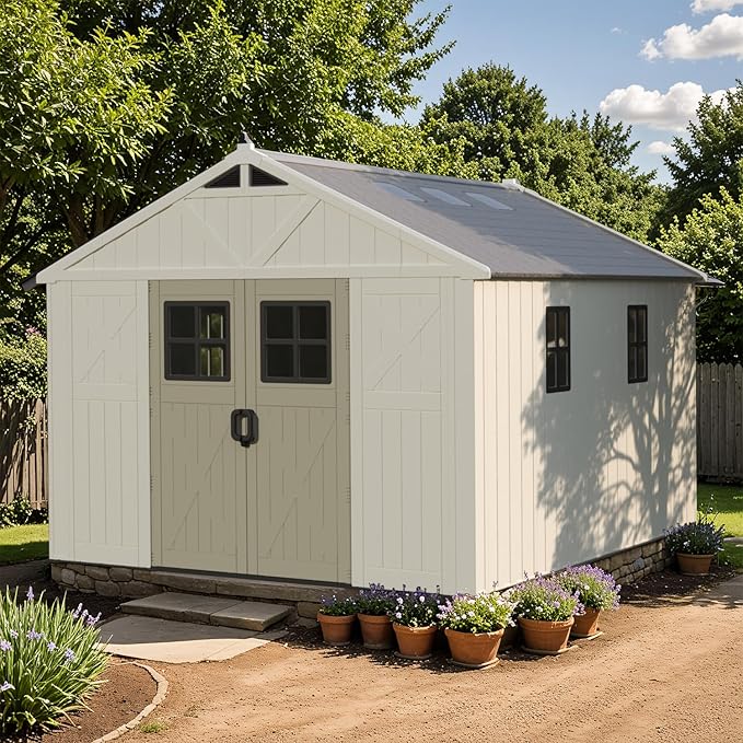 Patiowell 10x12 FT Outdoor Storage Shed with Floor and Lockable Door, All Weather Plastic Shed Garden Shed with Skylight and Multiple Windows for Backyard, Patio, Lawn, Beige