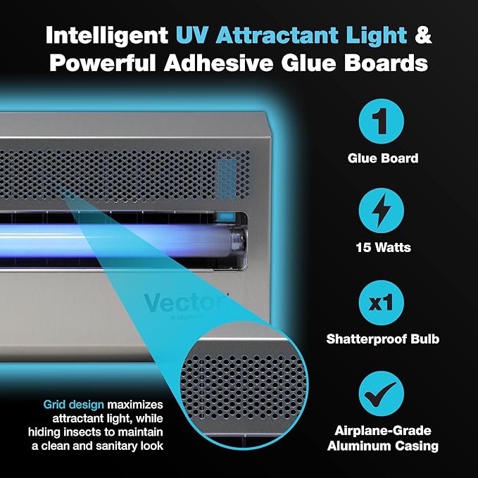 Catchmaster Vector 15, UV Light Fly Traps Indoor for Home, Electric Gnat Traps for House Indoor, Shatterproof Bulbs UV Lamp Fly, Insect & Mosquito Killer, Silent Bug Light for Kitchen, Shed, Garage