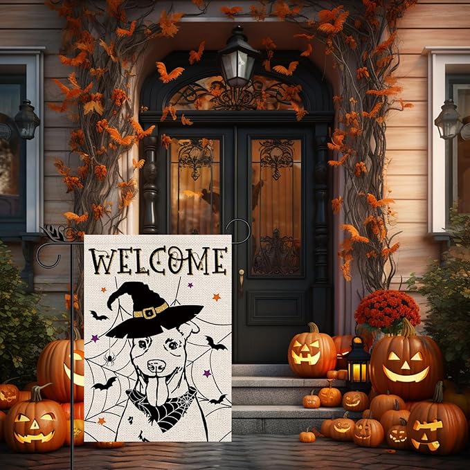 Halloween Garden Flag Pitbull Cobweb Bats Double Sided Vertical Welcome Flag Seasonal Holiday Outdoor Yard Lawn Party Decorations 12.5 x 18 Inch