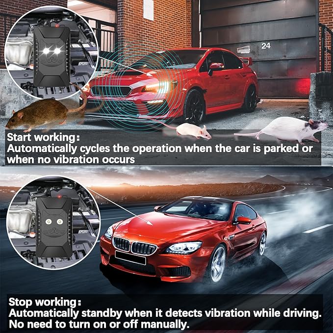 Tirgo Rodent Repeller Car Under Hood, Ultrasonic Mouse Repellent with Strobe Light, Plug-in Battery Powered Keep Mice Away from Cars Engines, Outdoors, Room, Indoors (Large)