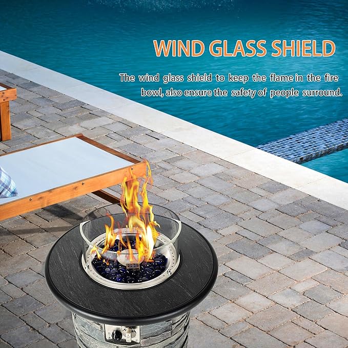 Outdoor Propane Fire Pit Table, Round Porcelain Tile Top 22" Fire Bowl Column W/ 40,000 BTU Firepit Table Auto-Ignition 400D Cover Glass Rocks for Outside Patio