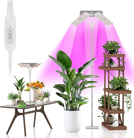 KINGPLUS Grow Lights with Base, Three Heads, Full Spectrum LED Grow Light for Indoor Plants, 360 Leds, 4 Dimmable Levels, Timer 4/8/12h, 12-60inches Height Adjustable, 48w, Ideal for Desk Small Plants