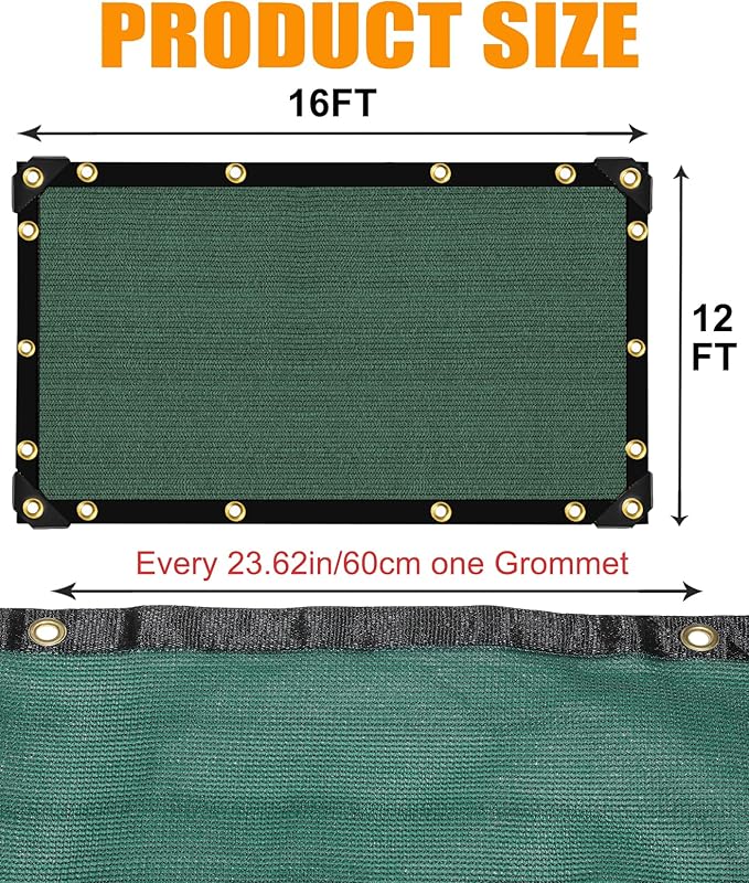 E.share 90% Heavy Duty Shade Cloth for Garden, 12 Ft X 16 Ft Sun Shades Outdoor Patio with Grommets for Plant Covers,Porch Screen,Pergola Shade Cover,Greenhouse,Green