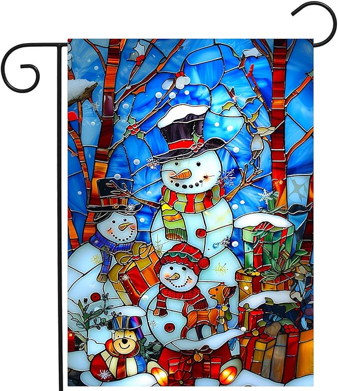 Stained Glass Snowman Garden Flag Merry Christmas Flag Hello Winter Yard Flag Happy Holidays Flag for Outside Welcome New Year Outdoor Flag 12x18 Double Sided, wintersnowman